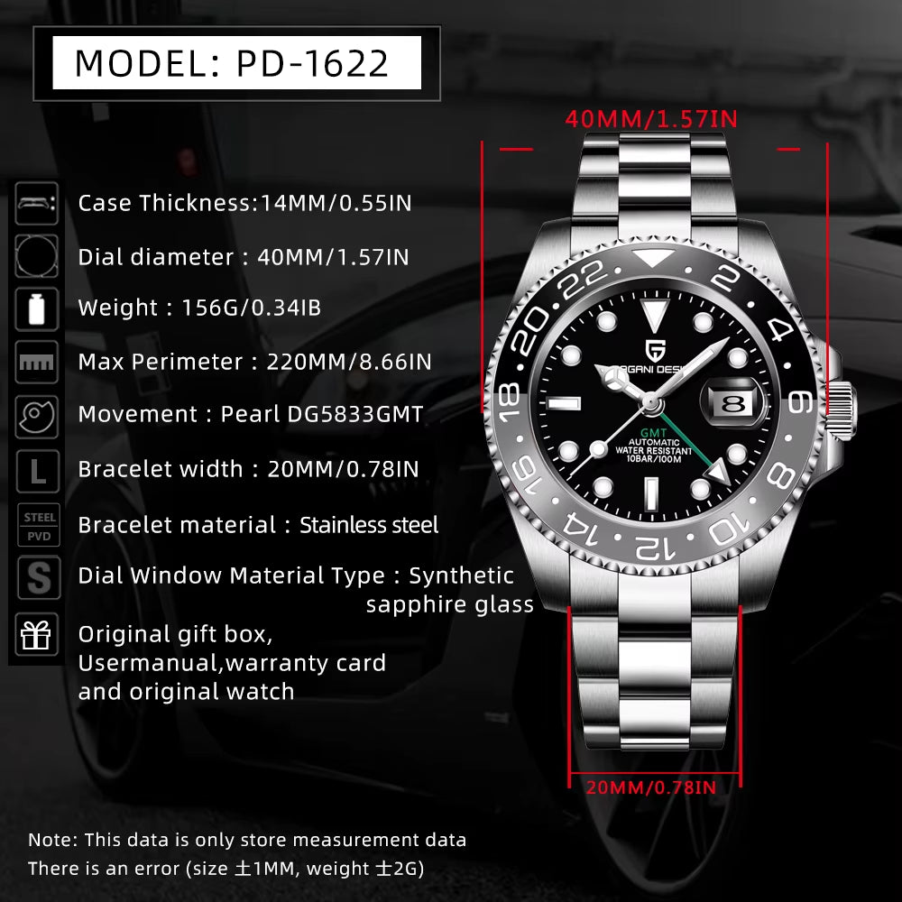 40MM GMT Mechanical Wristwatch Sapphire Glass Ceramic Bezel Automatic Watch Stainless Steel 100M Waterproof Watch