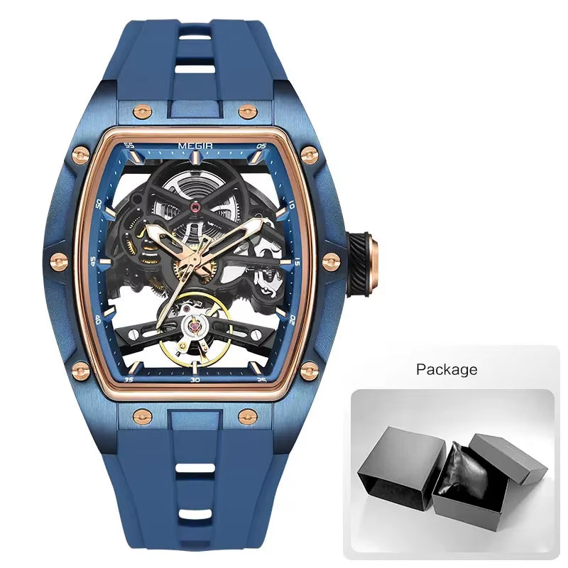 Mechanical Watch for Men Fashion Military Sport Analog Automatic Wristwatch with White Silicone Strap Tonneau Dial