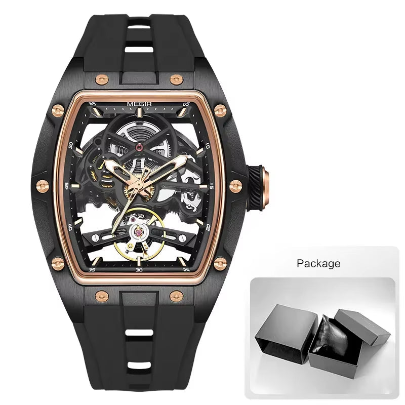 Mechanical Watch for Men Fashion Military Sport Analog Automatic Wristwatch with White Silicone Strap Tonneau Dial