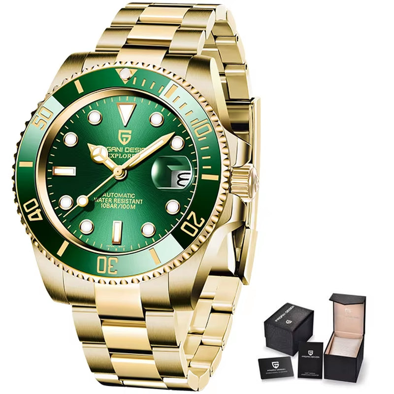 Men's Gold 40MM Automatic Luxury Sapphire Glass Mechanical Watch Stainless Steel Waterproof