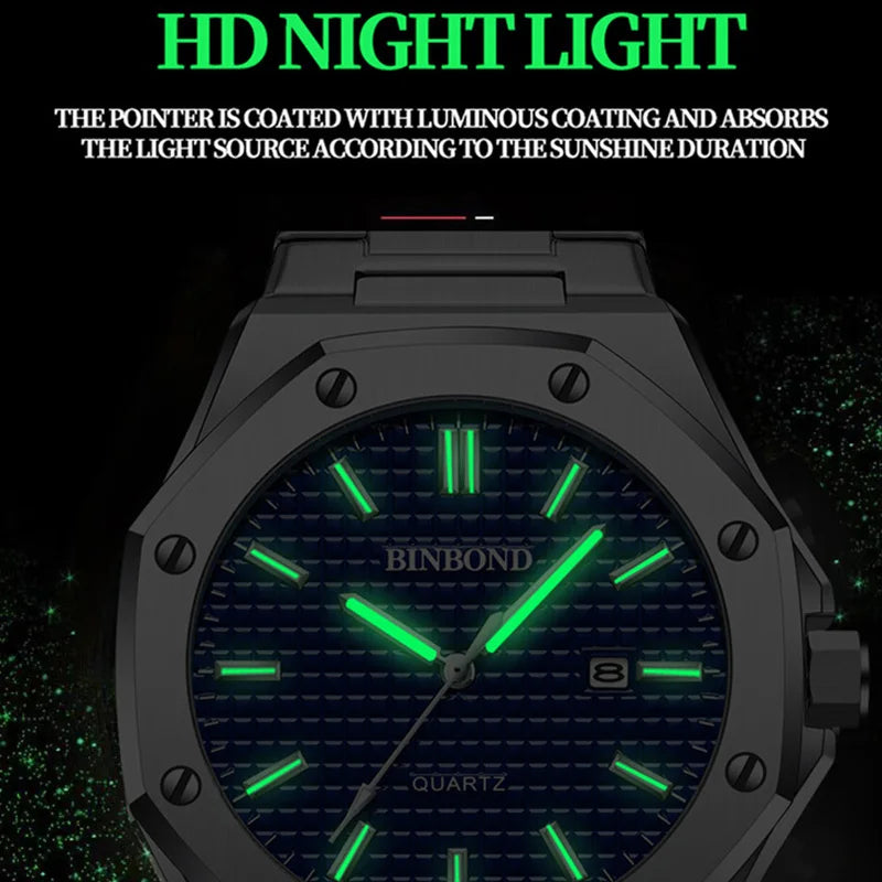 Men'S Quartz Watch Stainless Steel Calendar Waterproof Luxury Luminous Multifunctional Men Wristwatch