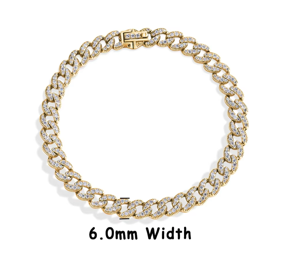 Dazzle Dime D VVS1 Color Full Moissanite Cuba Chain Tennis Bracelet for Man & Women Hallmarked 925 Sterling Base 18K Gold Plated
