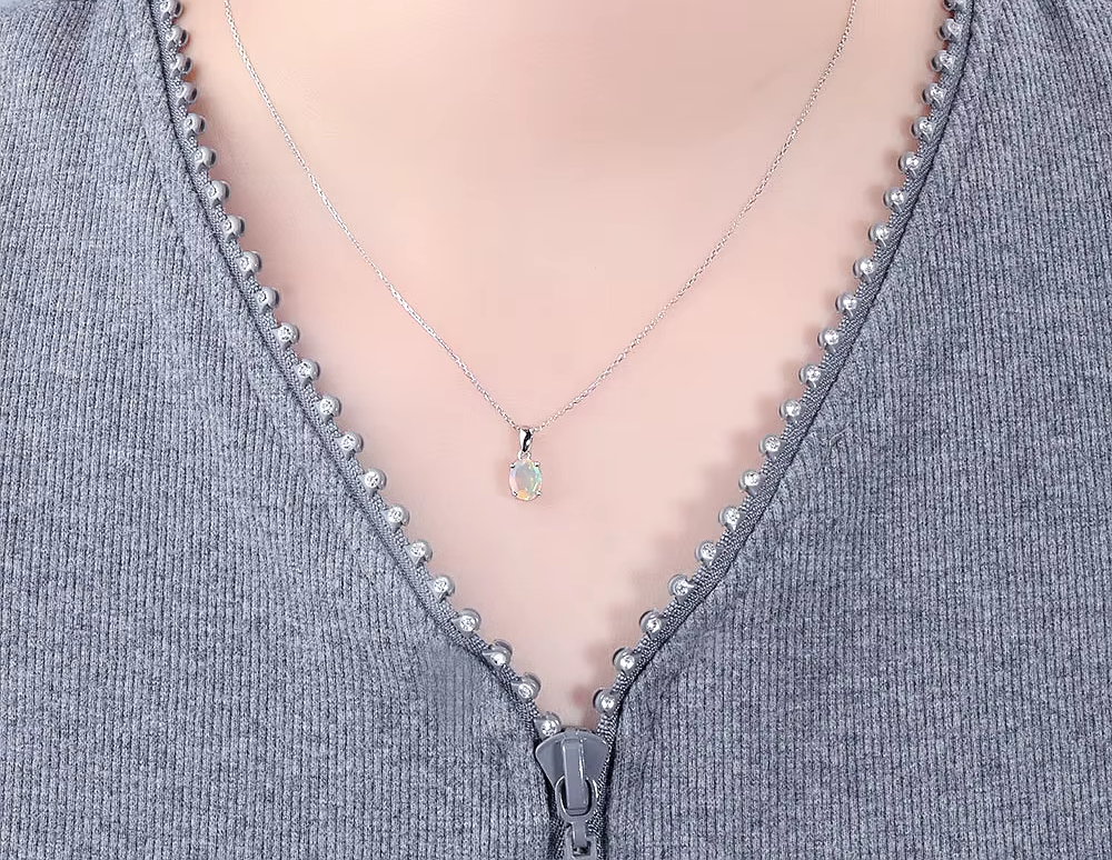 925 Sterling Silver Opal Pendant Necklace for Women – Natural Ethiopian Opal Fine Jewellery, Daily Wear