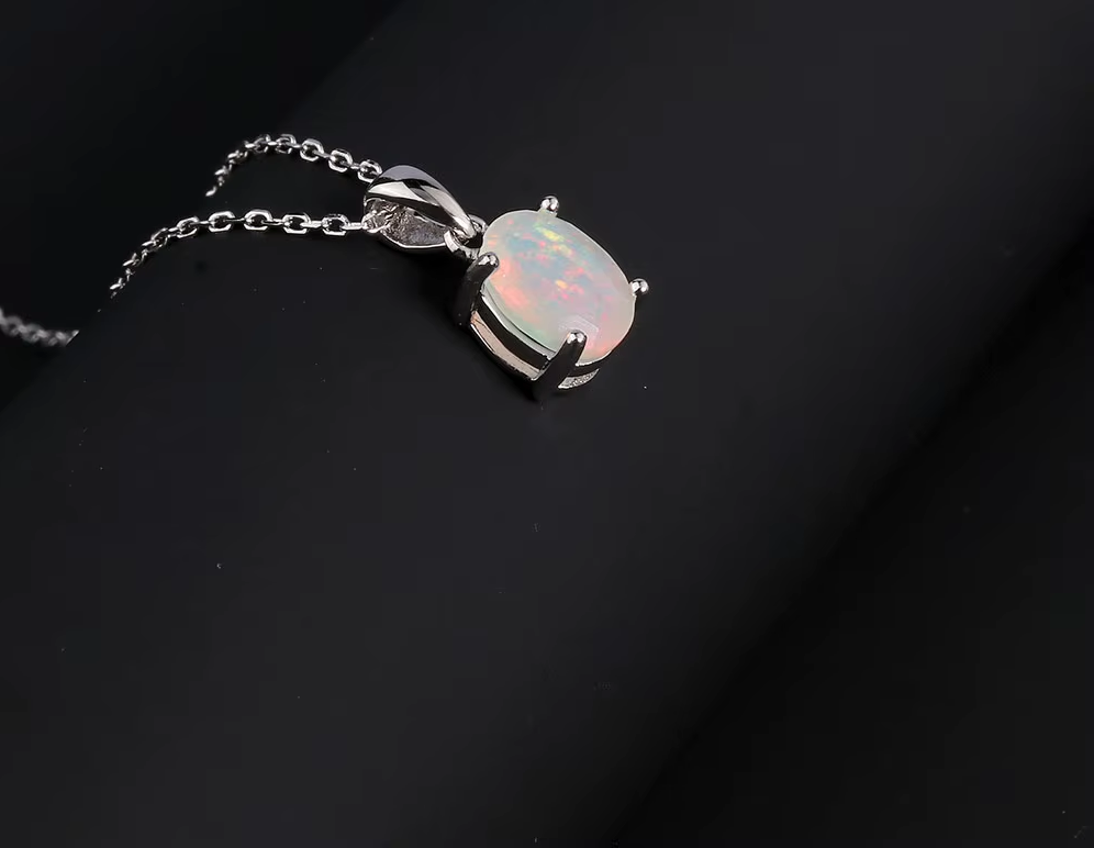 925 Sterling Silver Opal Pendant Necklace for Women – Natural Ethiopian Opal Fine Jewellery, Daily Wear