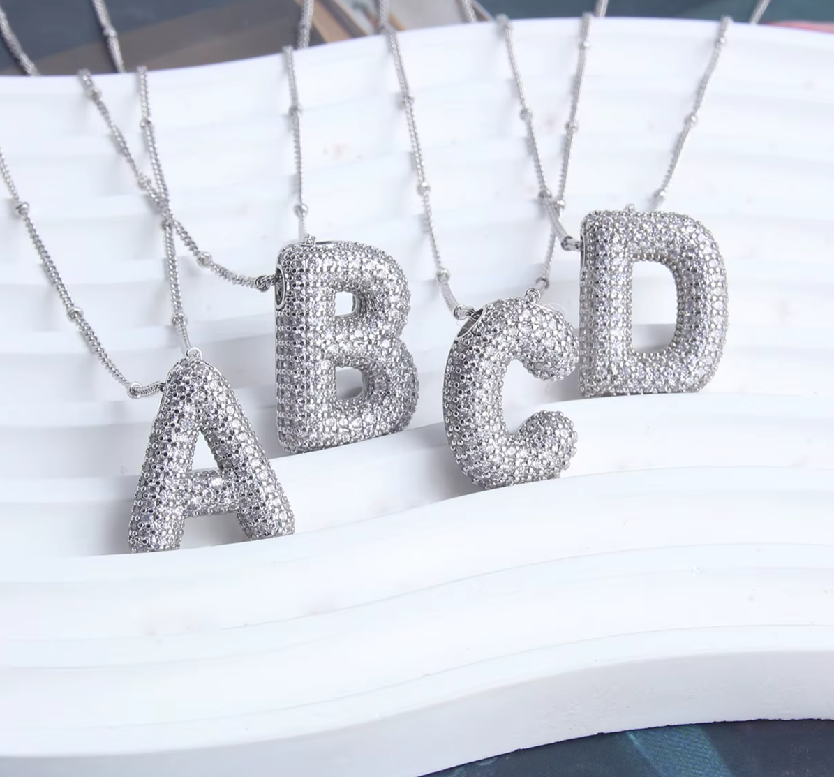 925 Sterling Silver Bubble Initial Necklace – A-Z Balloon Pendant with VVS1 D Color Moissanite, 18K White Gold Plated