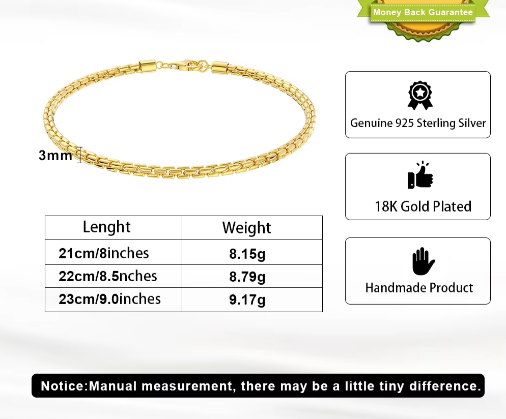 Dazzle Dime® Italian 3mm Round Box Chain Bracelet for Men | S925 Sterling Silver Hand Chain