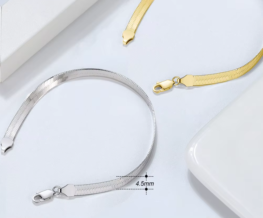 18K Gold Plated 925 Sterling Silver Italian 4.5mm Flexible Flat Herringbone Chain Bracelet