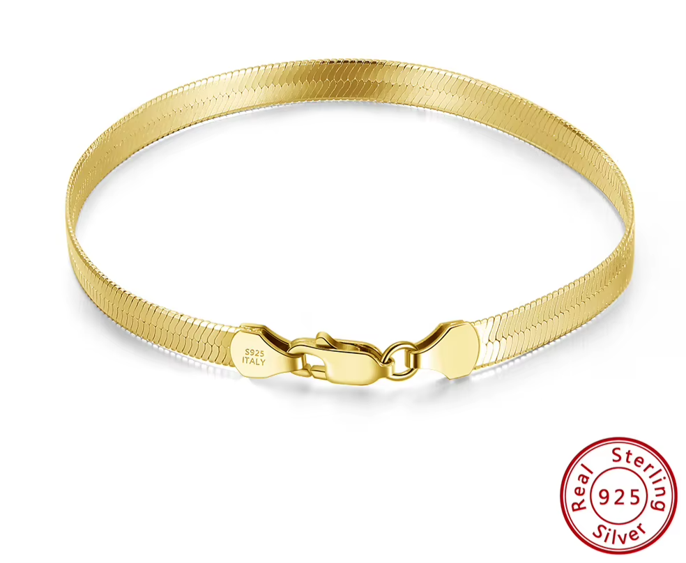 18K Gold Plated 925 Sterling Silver Italian 4.5mm Flexible Flat Herringbone Chain Bracelet