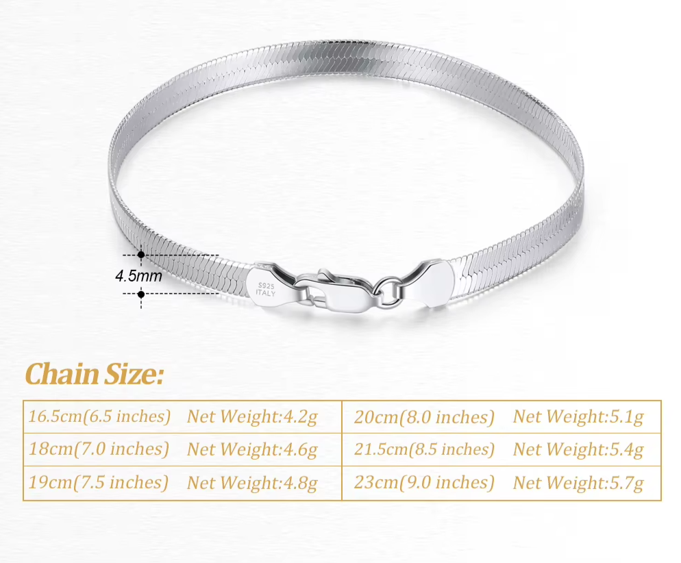 18K Gold Plated 925 Sterling Silver Italian 4.5mm Flexible Flat Herringbone Chain Bracelet