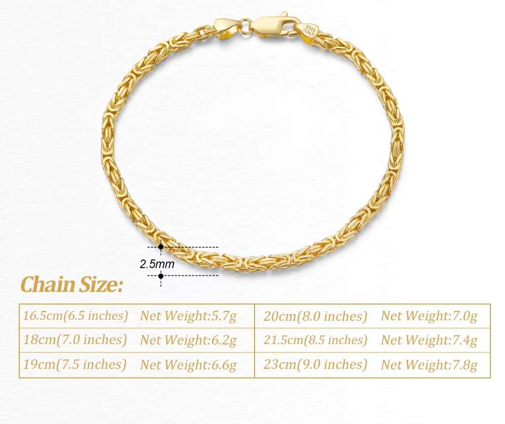 Luxury 925 Sterling Silver Italian 2.5mm Flat Byzantine Link Chain Bracelet for Women