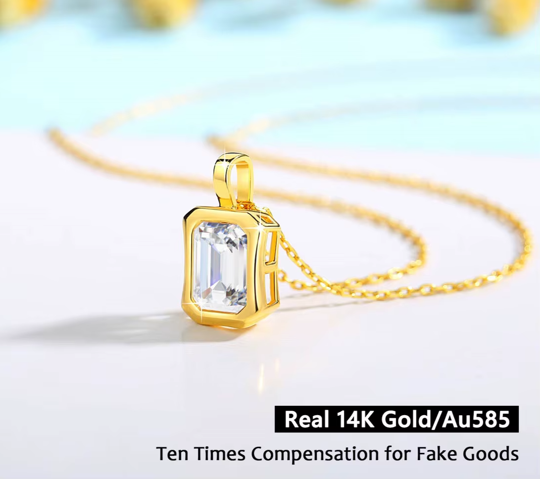 Dazzle Dime® 14K Gold Moissanite Necklace | 2CT Emerald Cut Pendant | VVS1 Quality for Weddings & Anniversaries