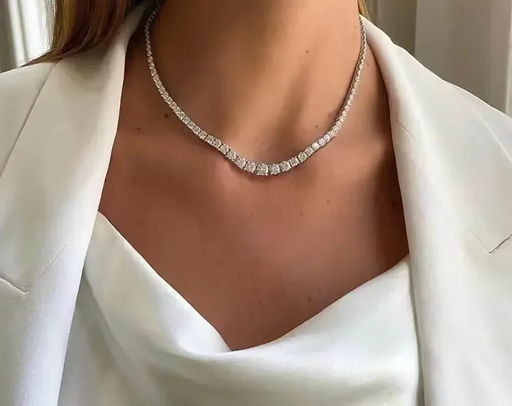 Dazzle Dime® Riviera Moissanite Tennis Necklace – 925 Sterling Silver, Gradient Full Moissanite Choker with Certificate