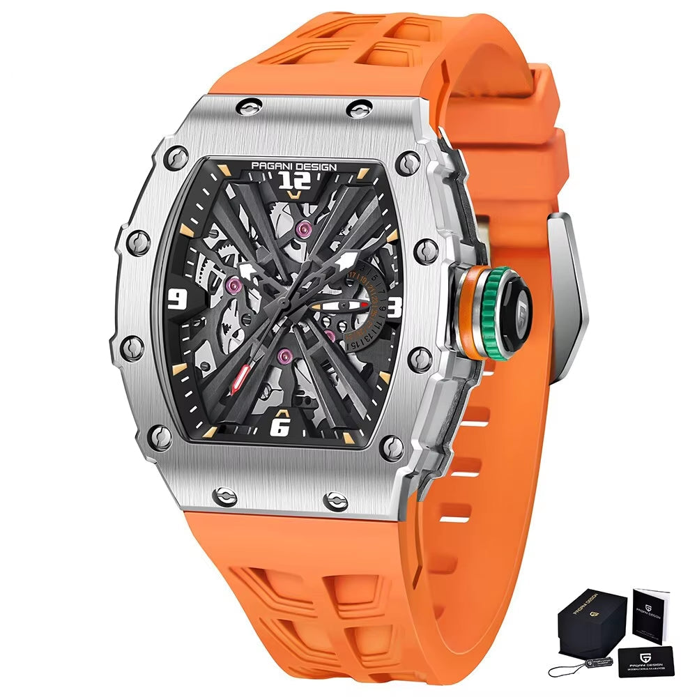 PAGANI DESIGN Men's Quartz Watches VH65 Movt Skeleton Dial 100M Waterproof Sport Rectangle Sapphire Glass