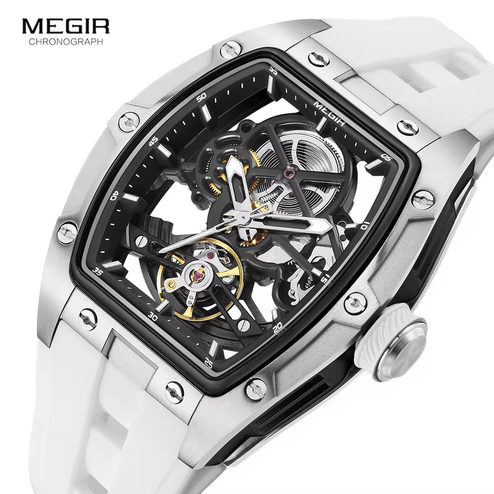 Mechanical Watch for Men Fashion Military Sport Analog Automatic Wristwatch with White Silicone Strap Tonneau Dial