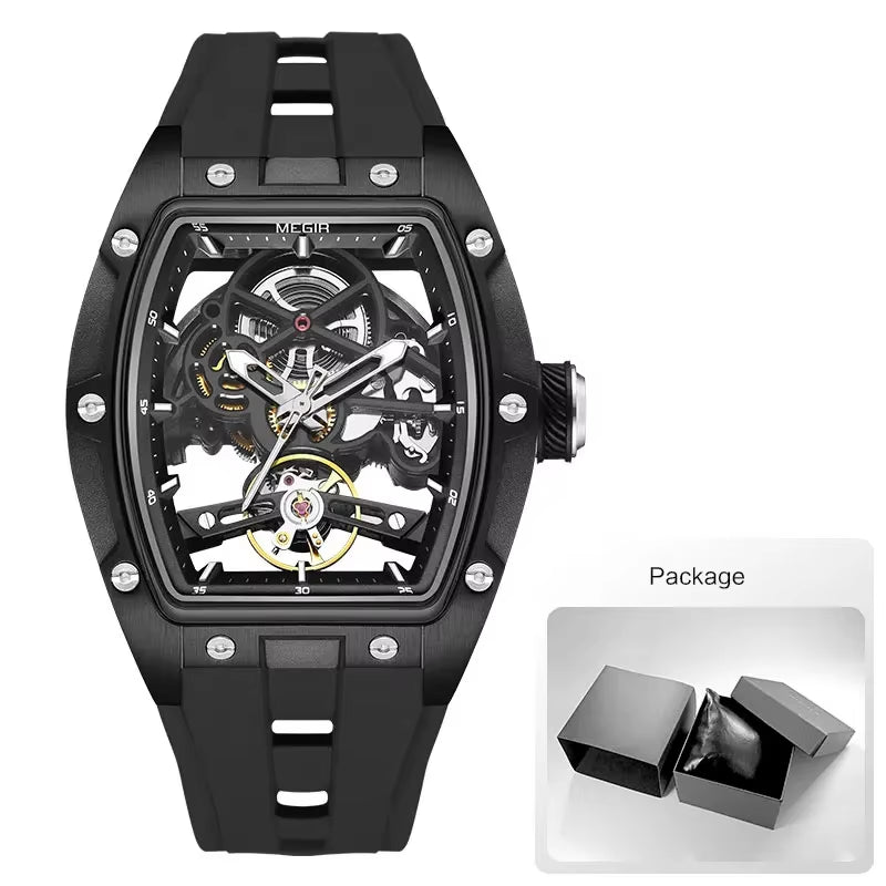 Mechanical Watch for Men Fashion Military Sport Analog Automatic Wristwatch with White Silicone Strap Tonneau Dial