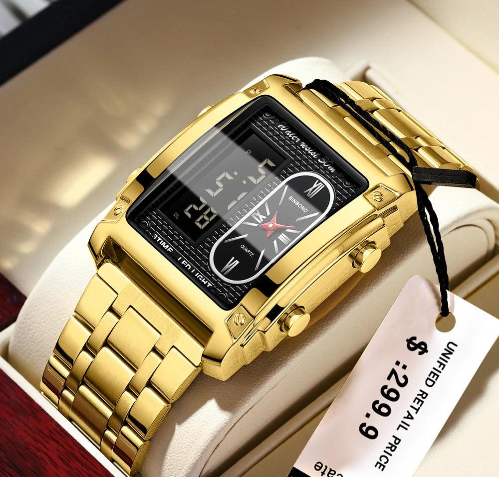 BINBOND Top Brand Luxury Watch for Men - Fashion Quartz Wristwatch Square Gold Stainless Steel Business Clock Relogio Masculino