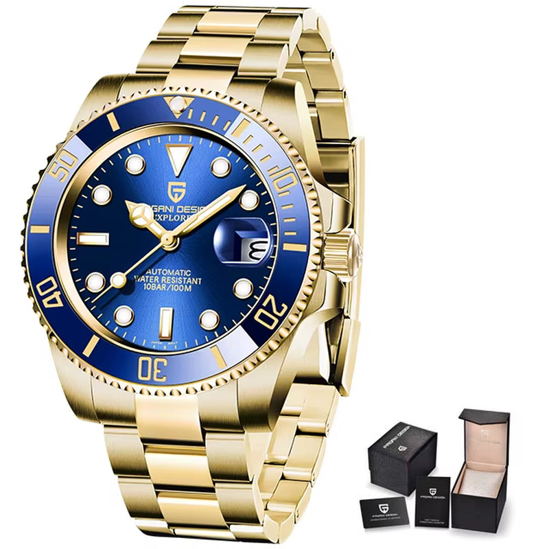 Men's Gold 40MM Automatic Luxury Sapphire Glass Mechanical Watch Stainless Steel Waterproof