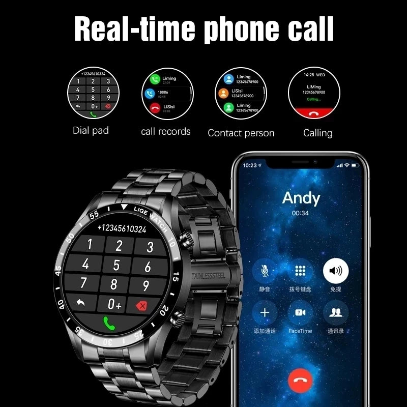 Men’s Luxury Steel Band Bluetooth Smartwatch | Waterproof Full Touch Screen Fitness Tracker with Call Function