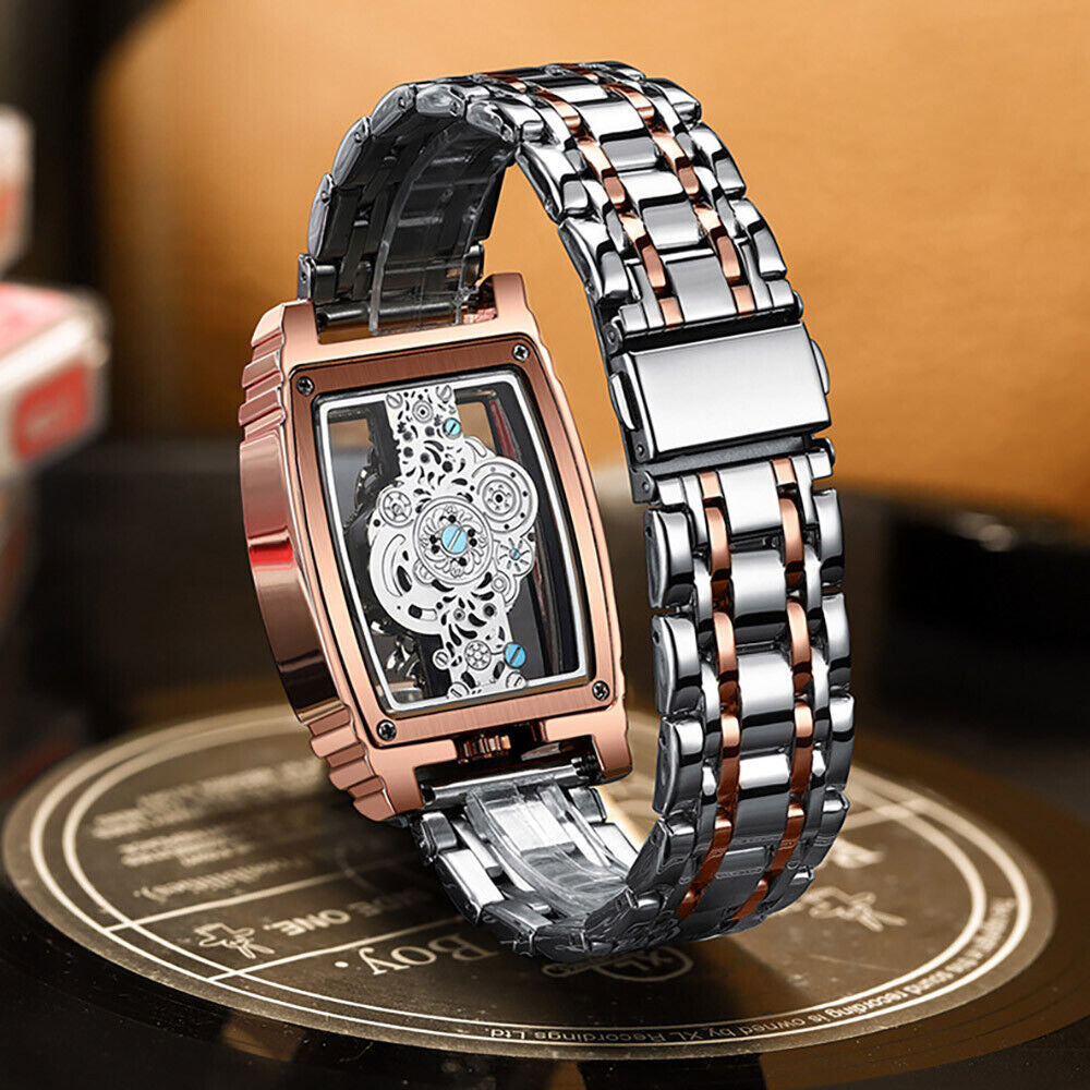 BINBOND Men’s Tonneau Stainless Steel Watch | Hollow Gear Waterproof Quartz Watch
