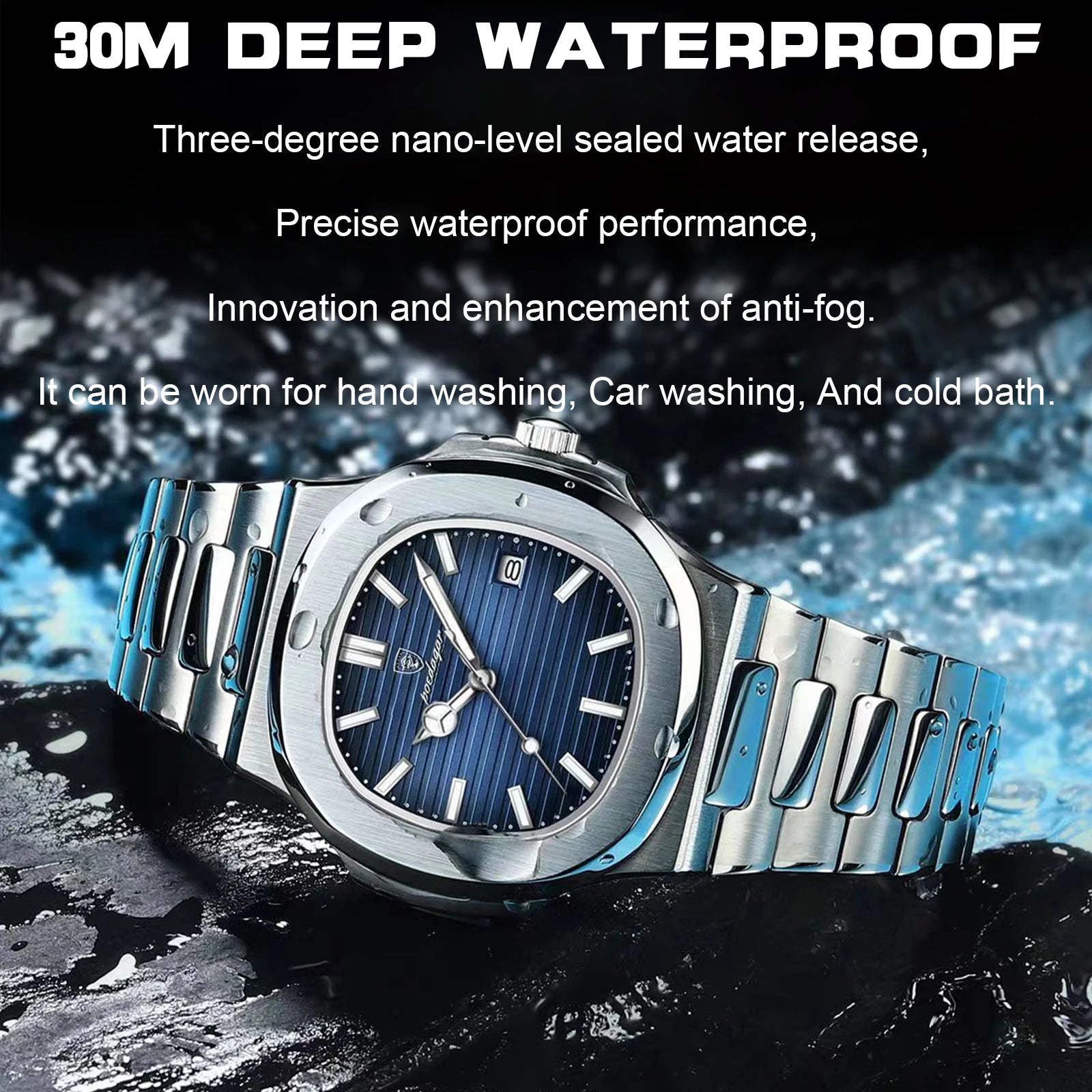 Waterproof Male Clock Luminous Date Stainless Steel Square Quartz Men Watch Reloj Hombre