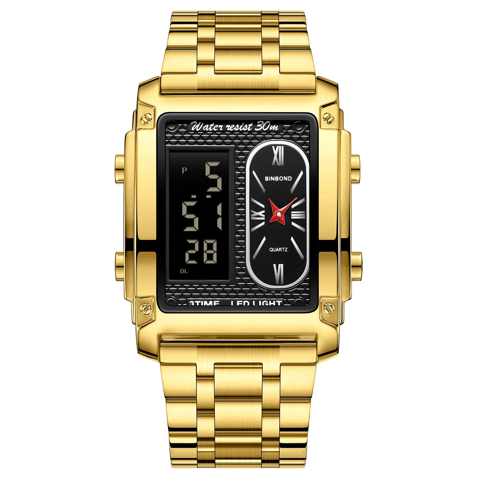BINBOND Top Brand Luxury Watch for Men - Fashion Quartz Wristwatch Square Gold Stainless Steel Business Clock Relogio Masculino