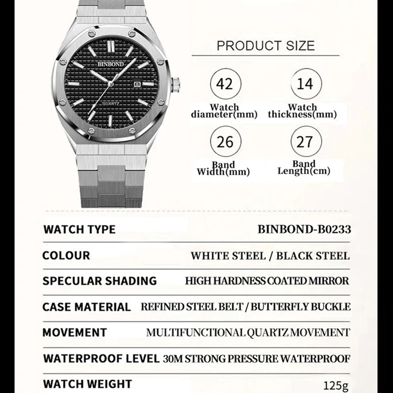Men'S Quartz Watch Stainless Steel Calendar Waterproof Luxury Luminous Multifunctional Men Wristwatch