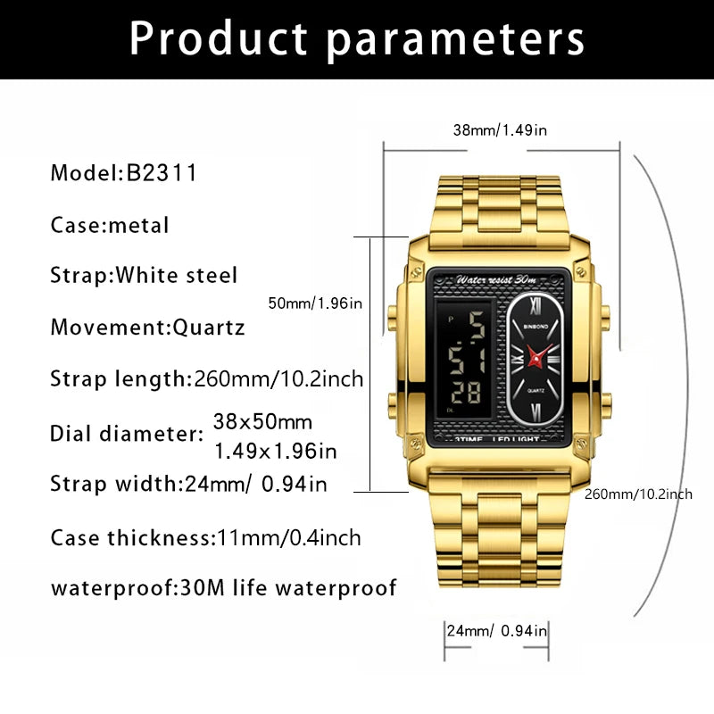 BINBOND Top Brand Luxury Watch for Men - Fashion Quartz Wristwatch Square Gold Stainless Steel Business Clock Relogio Masculino