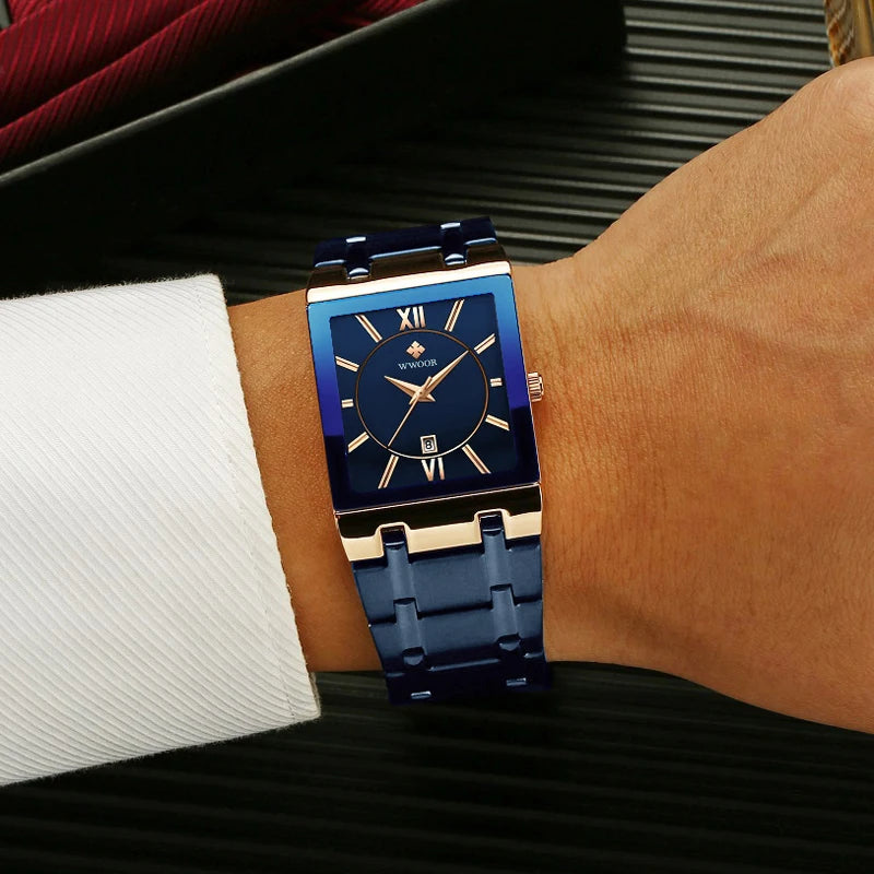 Relogio Masculino New Fashion Watches Men Luxury Square Blue Men'S Wristwatch Stainless Steel Waterproof Quartz Clock Male