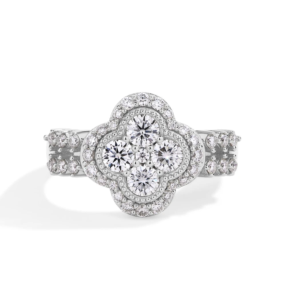 Four-Leaf Moissanite Engagement Ring – 925 Sterling Silver with 18K White Gold Plating | 0.87ct D/VVS1