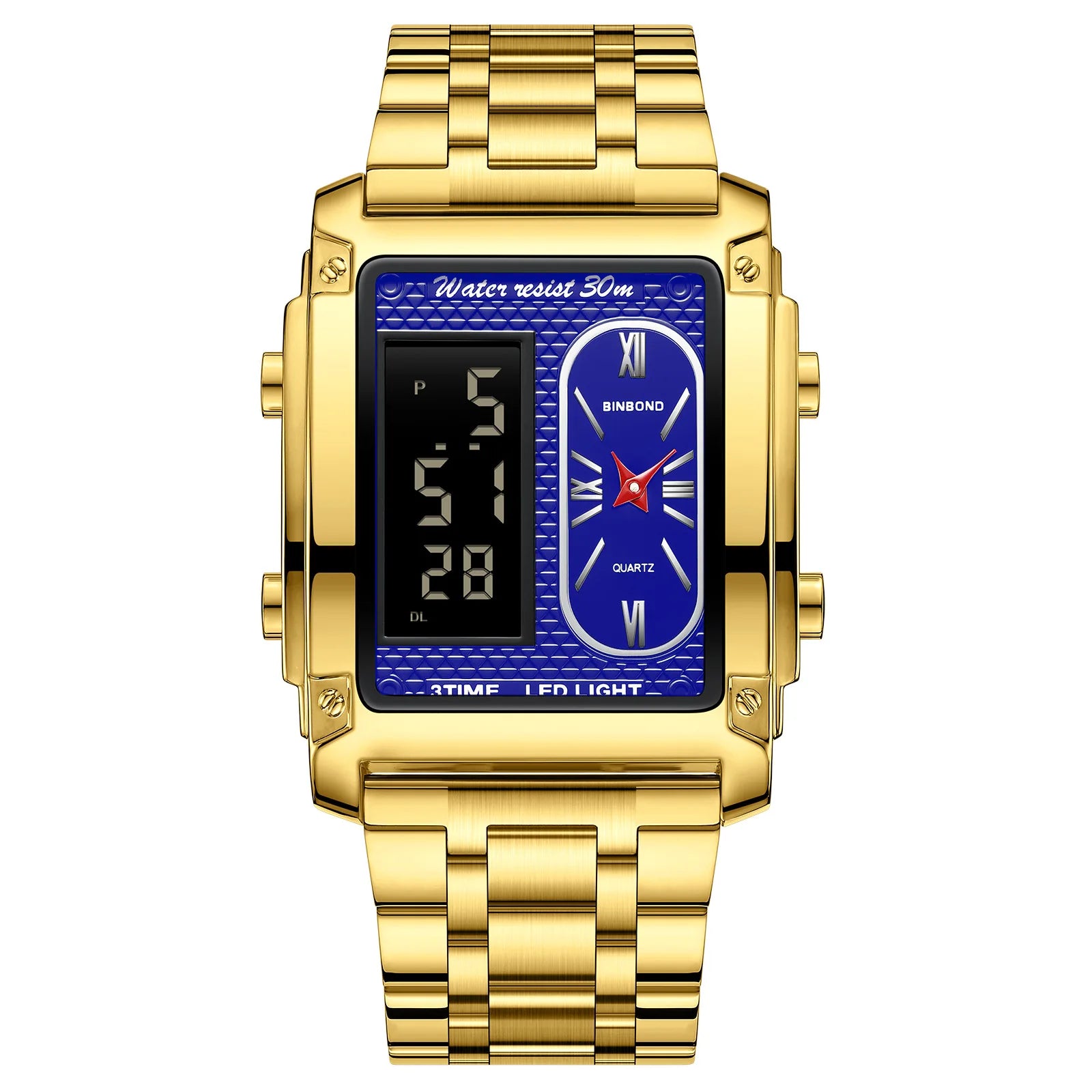 BINBOND Top Brand Luxury Watch for Men - Fashion Quartz Wristwatch Square Gold Stainless Steel Business Clock Relogio Masculino