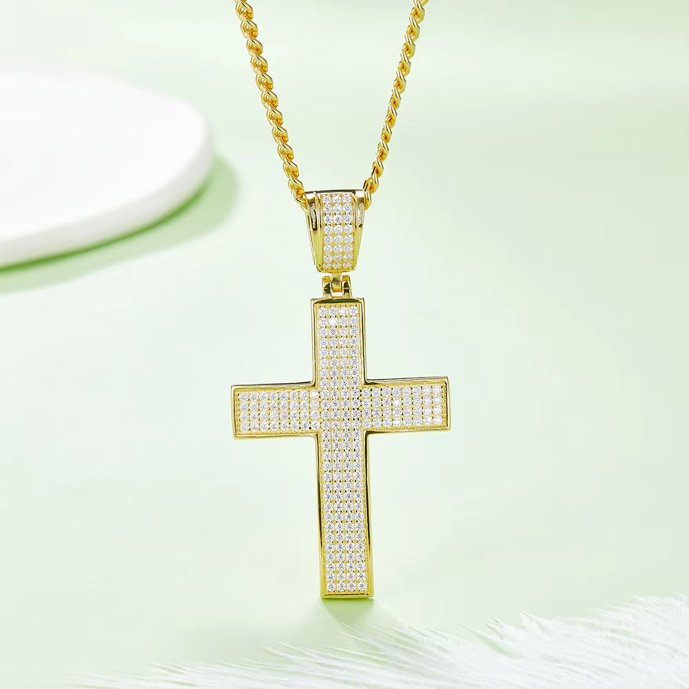 Dazzle Dime Hip Hop Style Classic Luxury Moissanite Cross Pendant Hallmarked 925 Sterling Silver 18K Gold Plated