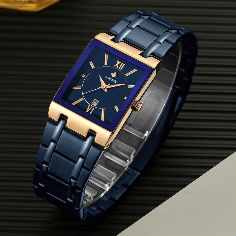 Relogio Masculino New Fashion Watches Men Luxury Square Blue Men'S Wristwatch Stainless Steel Waterproof Quartz Clock Male