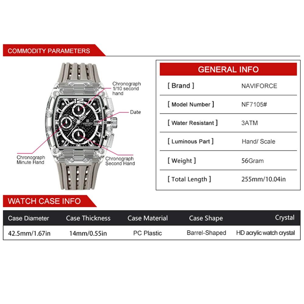 NAVIFORCE 2024/25 Edition Transparent Tonneau Quartz Watch for Men | Luxury Waterproof Sport Outdoor Watch