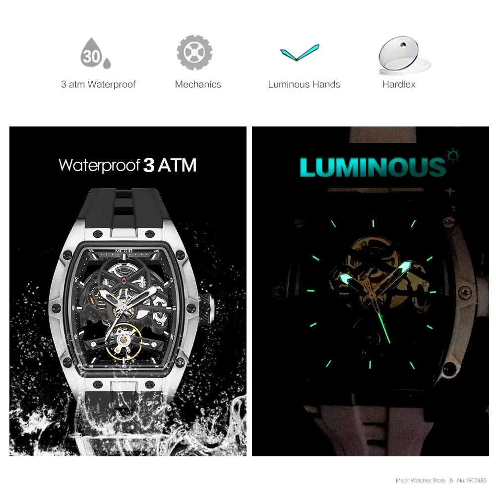 Mechanical Watch for Men Fashion Military Sport Analog Automatic Wristwatch with White Silicone Strap Tonneau Dial