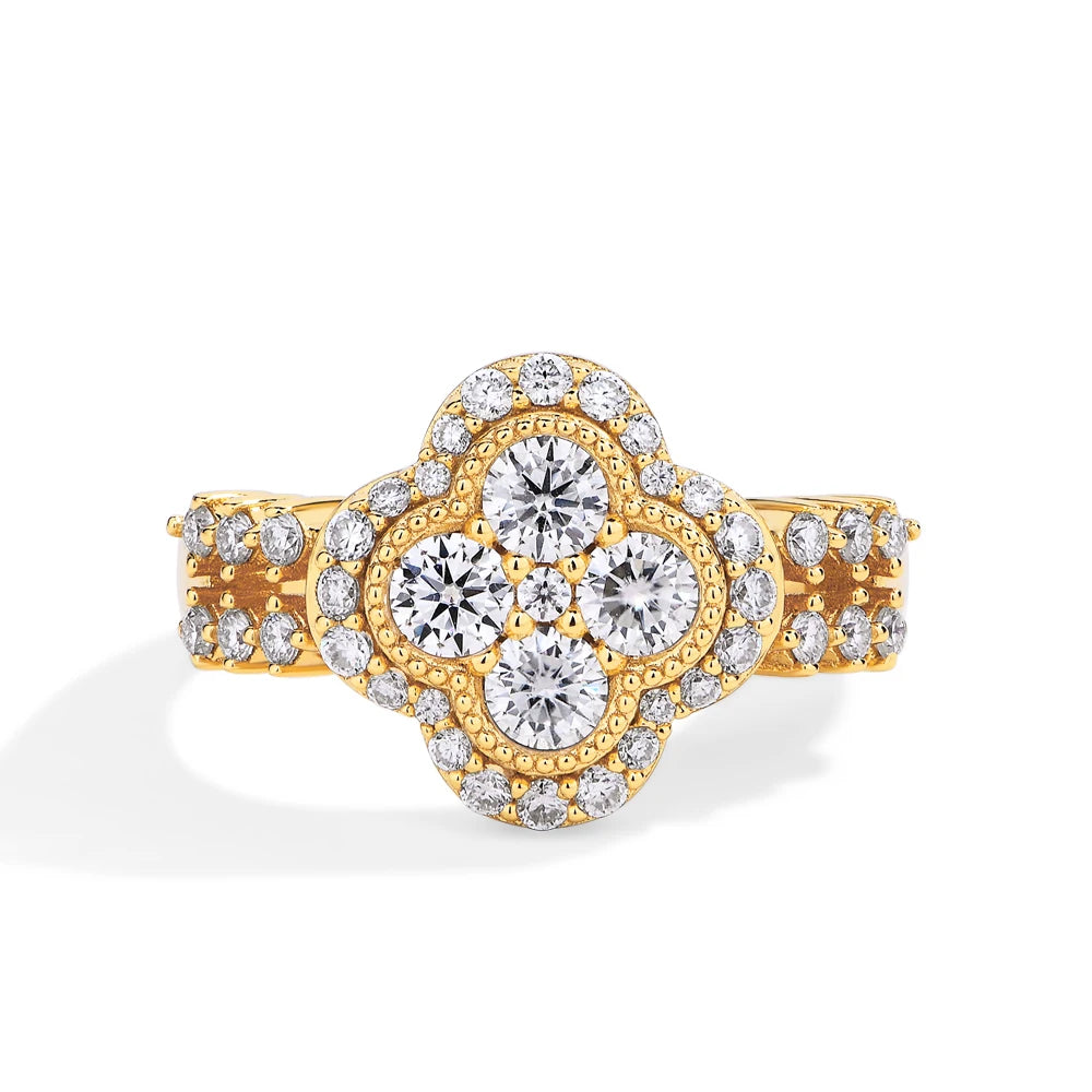 Four-Leaf Moissanite Engagement Ring – 925 Sterling Silver with 18K White Gold Plating | 0.87ct D/VVS1