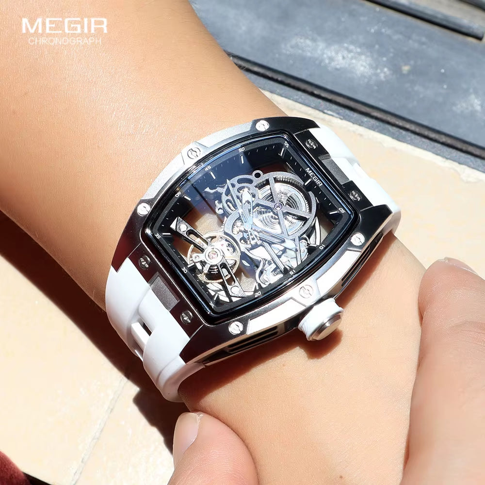 Mechanical Watch for Men Fashion Military Sport Analog Automatic Wristwatch with White Silicone Strap Tonneau Dial