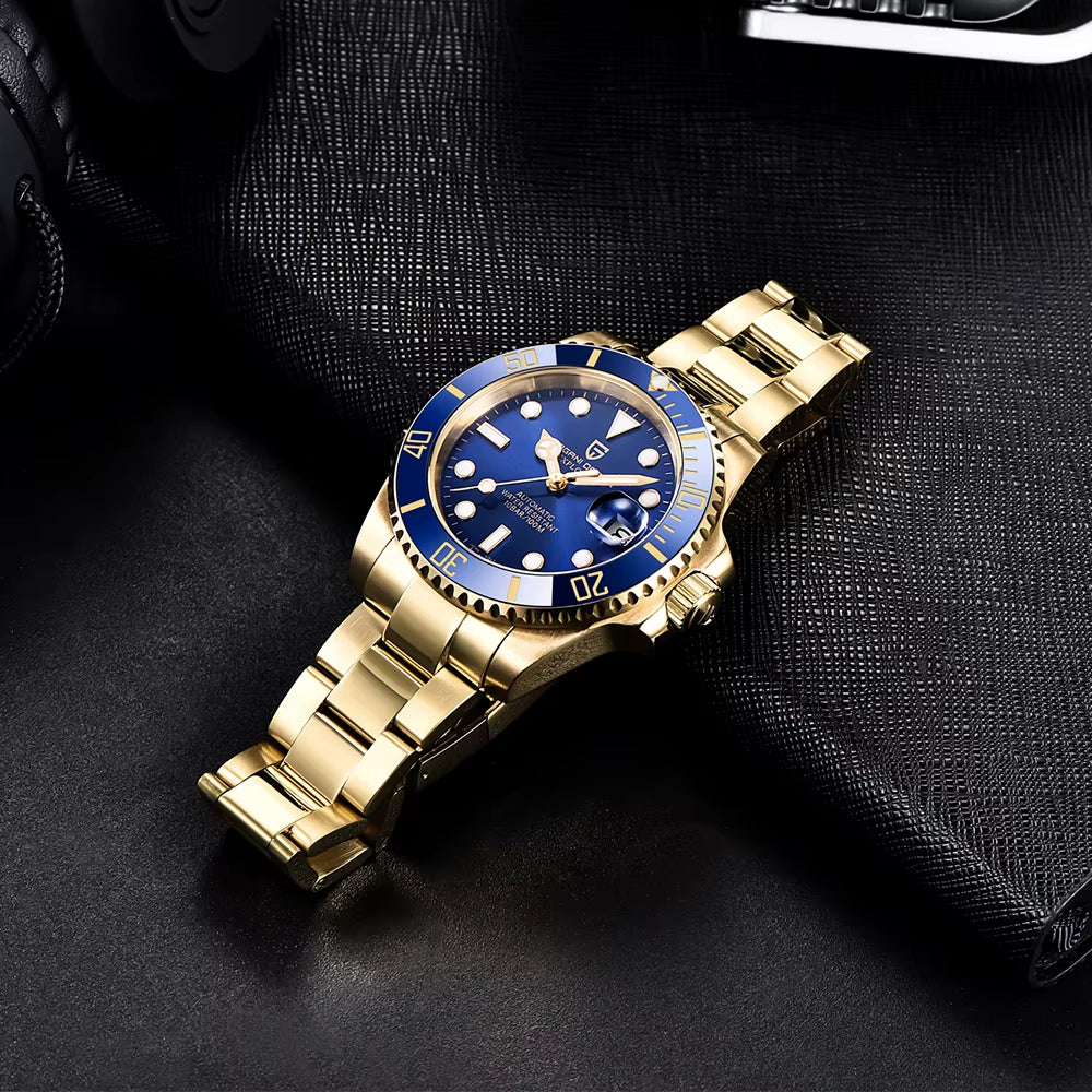 Men's Gold 40MM Automatic Luxury Sapphire Glass Mechanical Watch Stainless Steel Waterproof