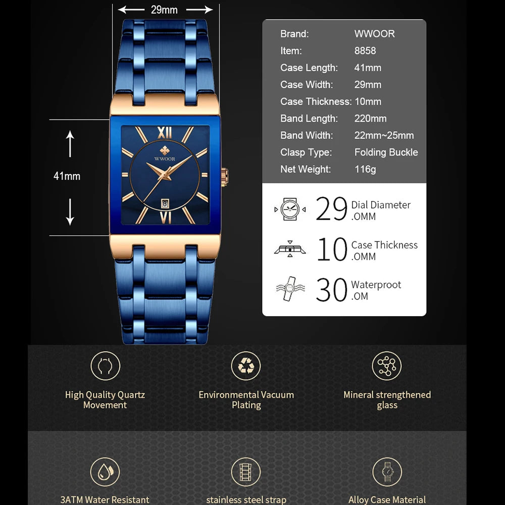 Relogio Masculino New Fashion Watches Men Luxury Square Blue Men'S Wristwatch Stainless Steel Waterproof Quartz Clock Male