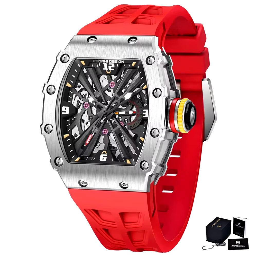 PAGANI DESIGN Men's Quartz Watches VH65 Movt Skeleton Dial 100M Waterproof Sport Rectangle Sapphire Glass