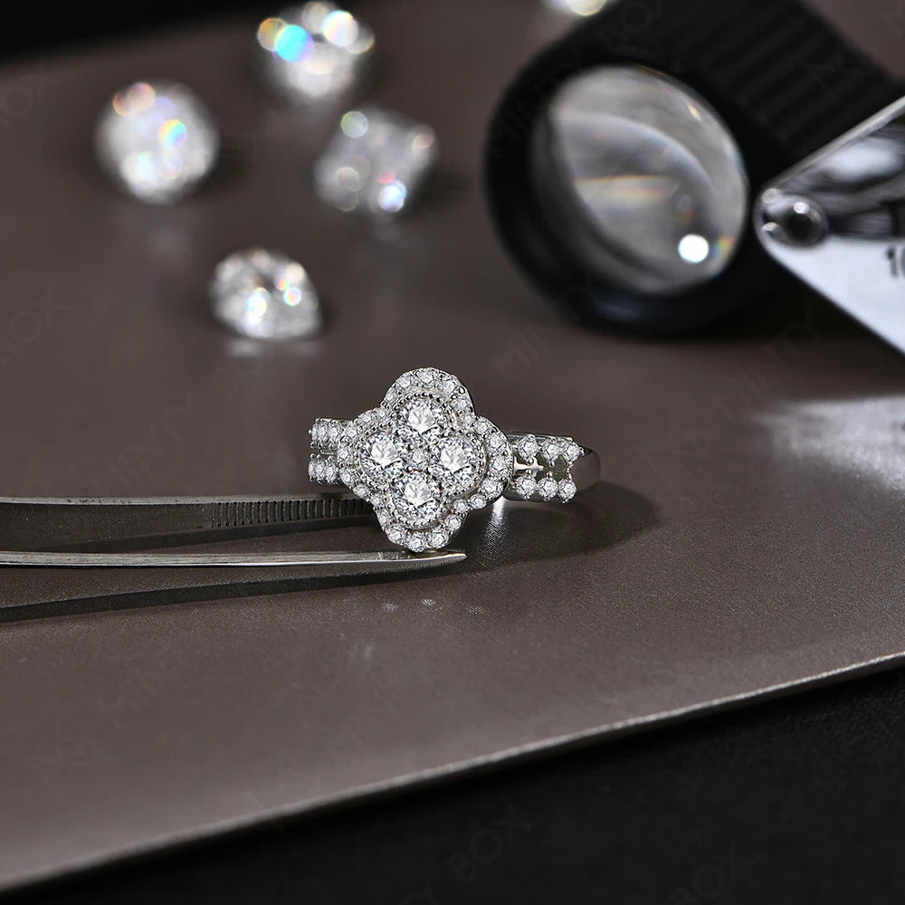 Four-Leaf Moissanite Engagement Ring – 925 Sterling Silver with 18K White Gold Plating | 0.87ct D/VVS1
