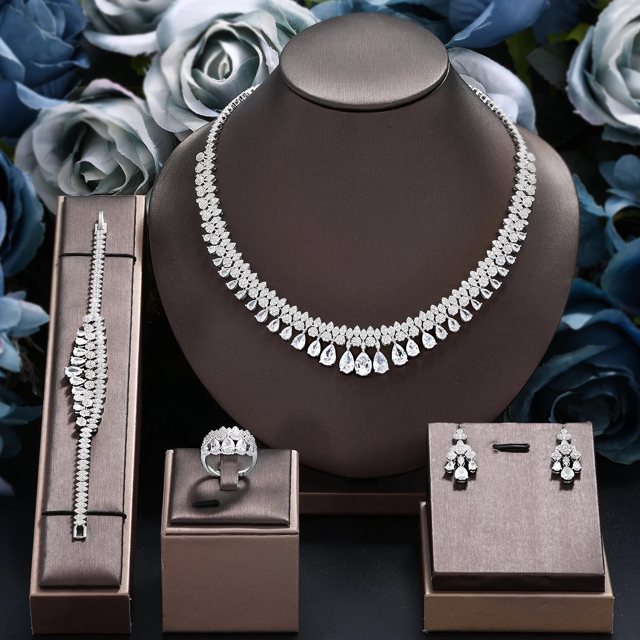 Brides Accessories Tassel Water Drop Necklace Earring - Luxury White Cubic Zirconia Bridal Jewelry Set 4Pcs Set for Wedding Party