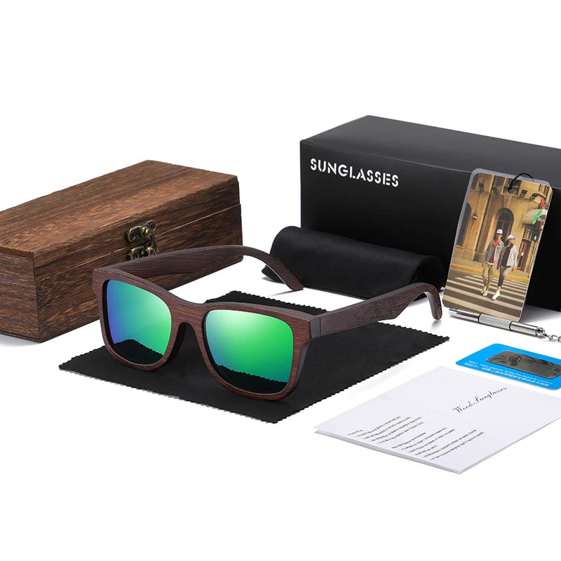 Handmade Natural Bamboo Wooden Polarized Sunglasses with Mirror-Coating Lenses & UV400 Protection