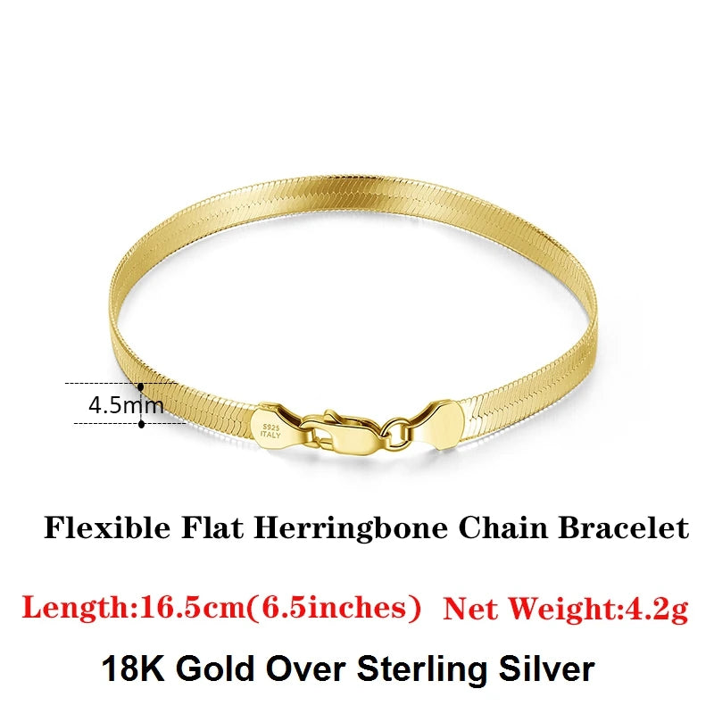 18K Gold Plated 925 Sterling Silver Italian 4.5mm Flexible Flat Herringbone Chain Bracelet