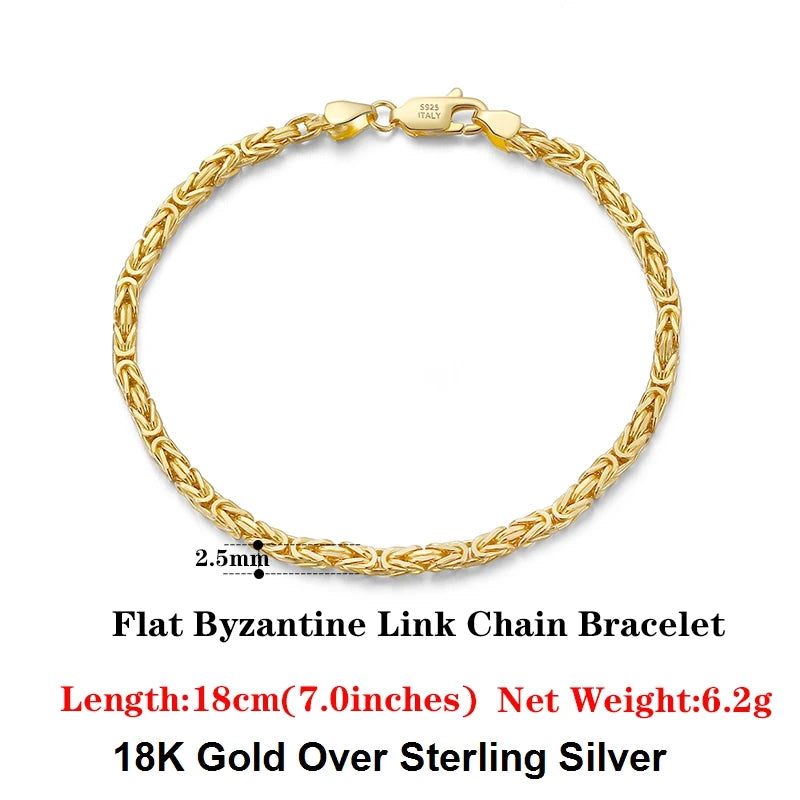 Luxury 925 Sterling Silver Italian 2.5mm Flat Byzantine Link Chain Bracelet for Women