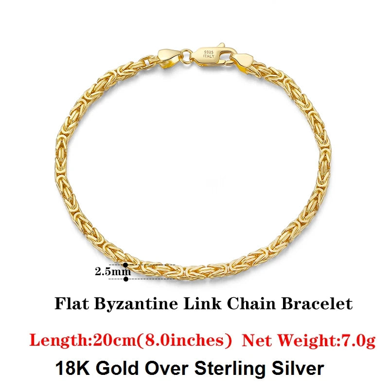 Luxury 925 Sterling Silver Italian 2.5mm Flat Byzantine Link Chain Bracelet for Women