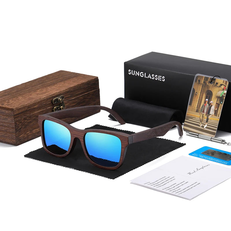 Handmade Natural Bamboo Wooden Polarized Sunglasses with Mirror-Coating Lenses & UV400 Protection