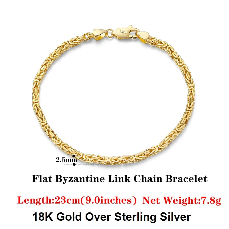 Luxury 925 Sterling Silver Italian 2.5mm Flat Byzantine Link Chain Bracelet for Women