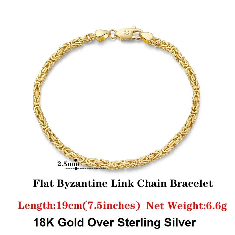 Luxury 925 Sterling Silver Italian 2.5mm Flat Byzantine Link Chain Bracelet for Women