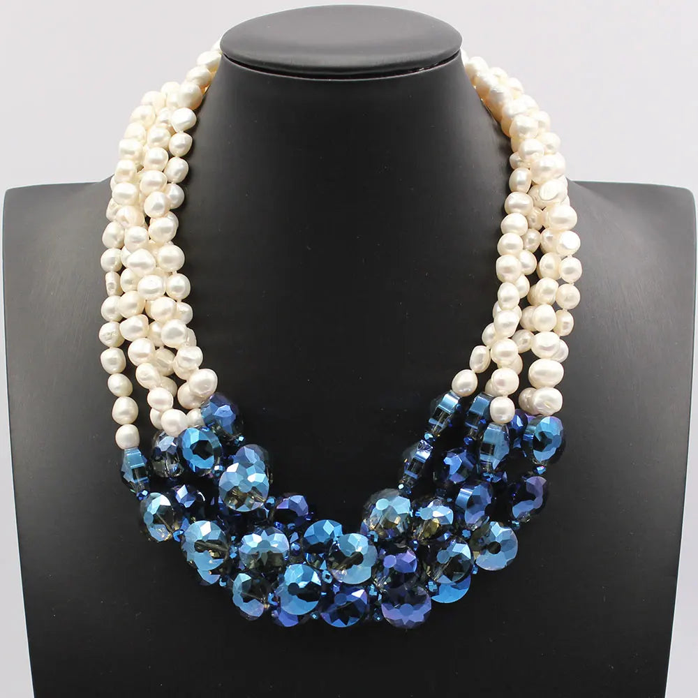 Dazzle Dime® 5-Row White Keshi Potato Pearl & Blue Crystal Necklace – Handmade Statement Piece with Magnet Clasp, 50cm