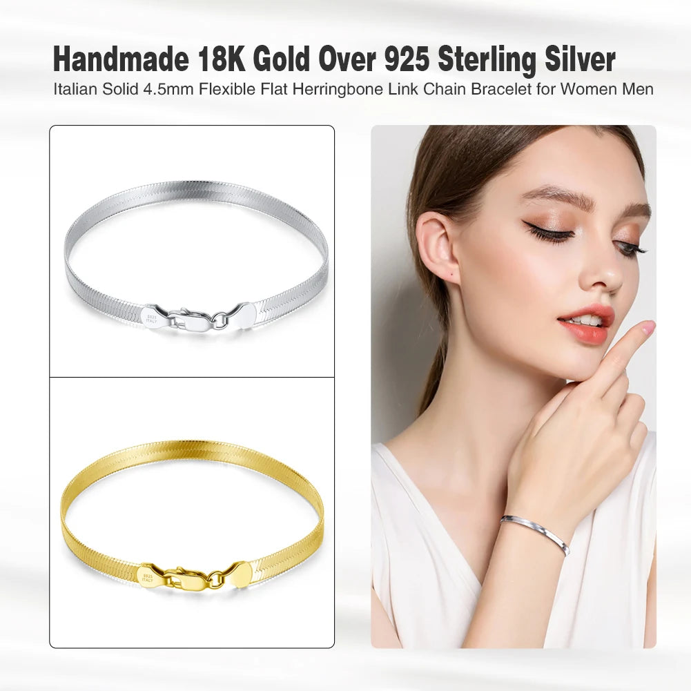 18K Gold Plated 925 Sterling Silver Italian 4.5mm Flexible Flat Herringbone Chain Bracelet